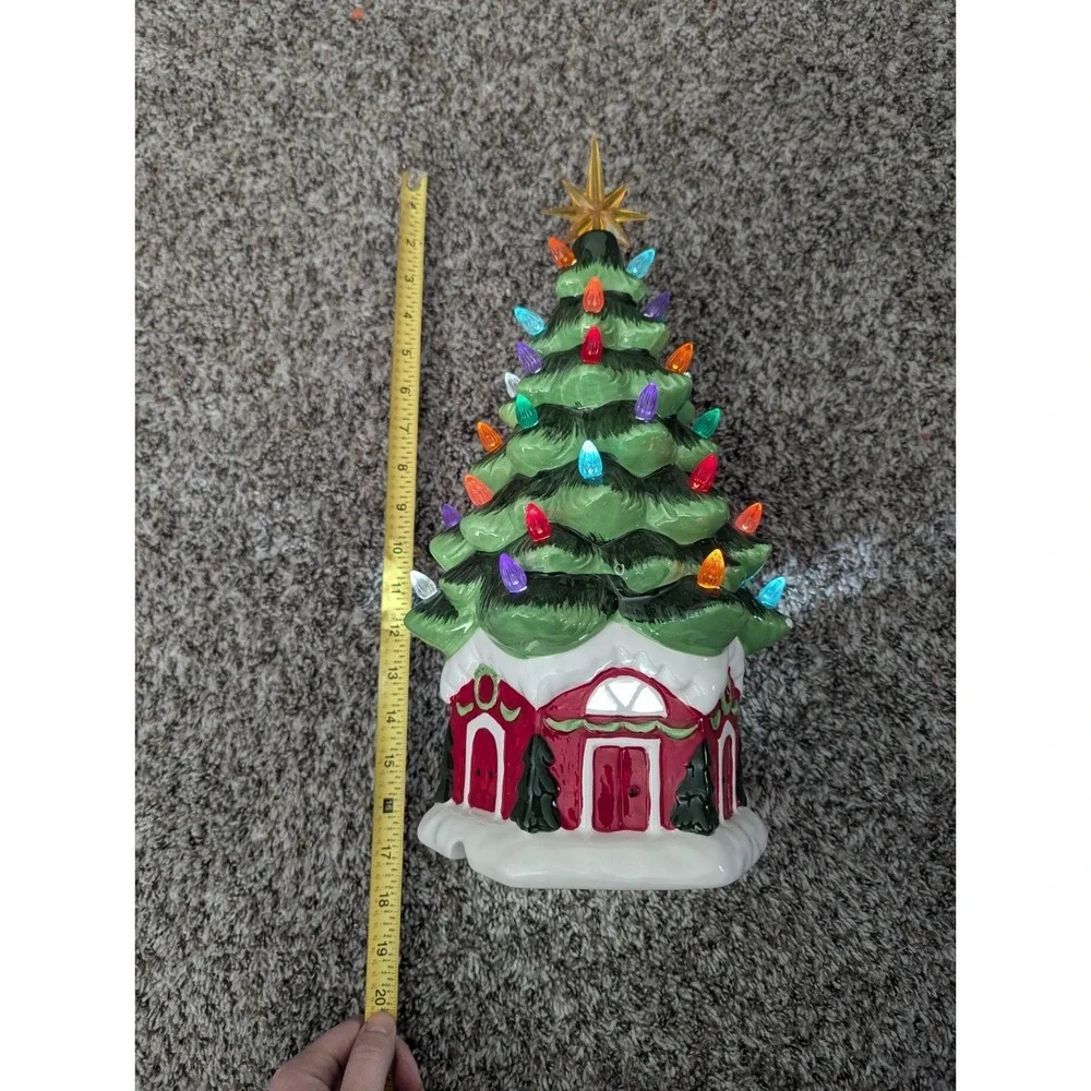 Ceramic Green Christmas Tree On House With LED Lighting Holiday Art Decor 18